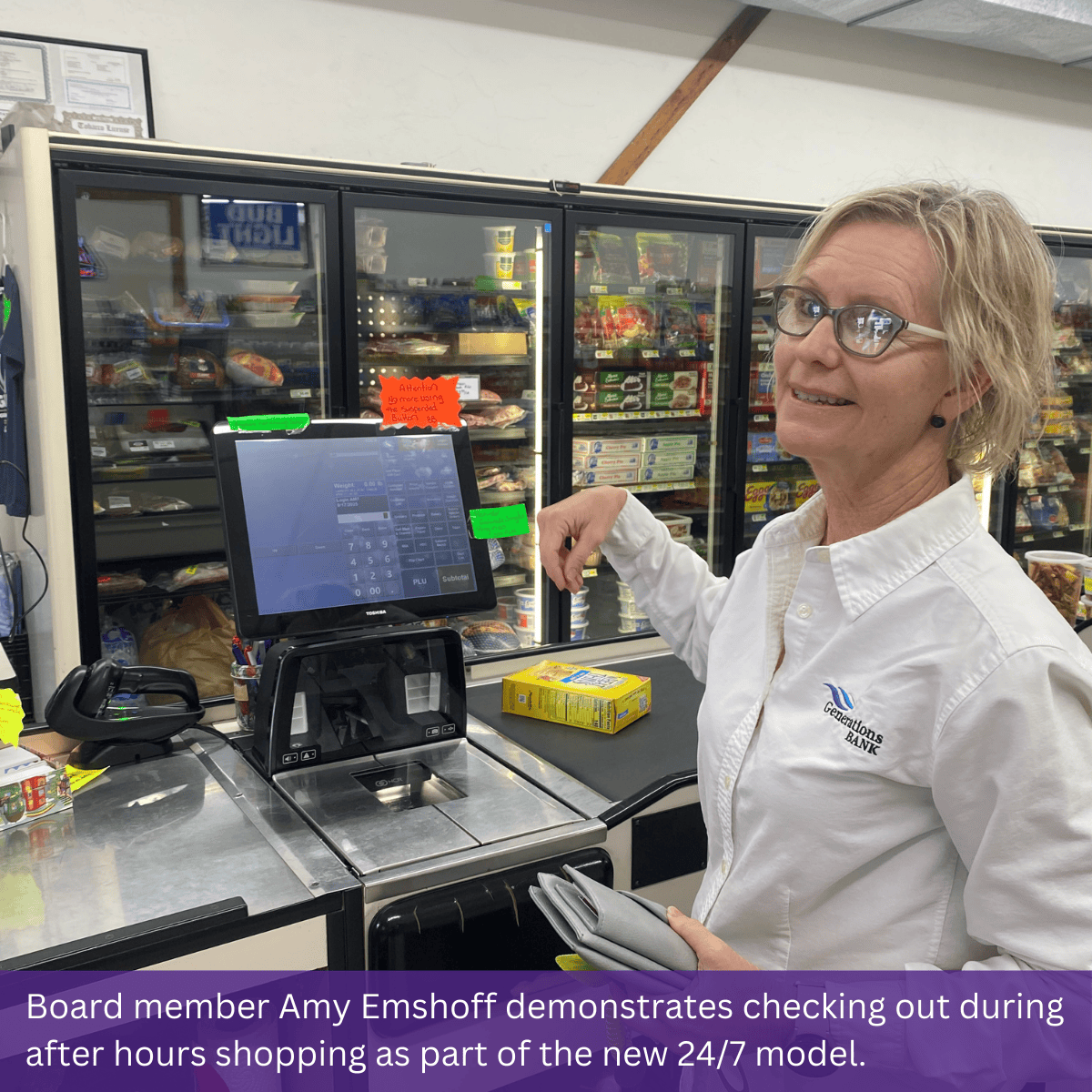 Woman using regular grocery checkout lane to do self checkout with text reading: "Board member Amy Emshoff demonstrates checking out during after hours shopping as part of the new 24/7 model."